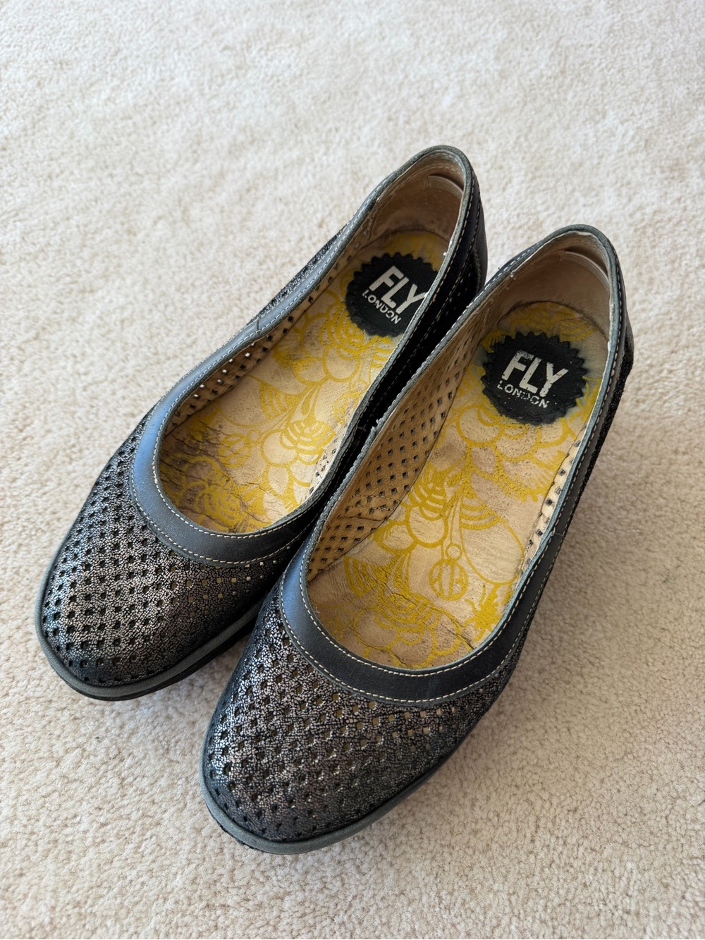 Fly London Black Metallic Perforated Shoes